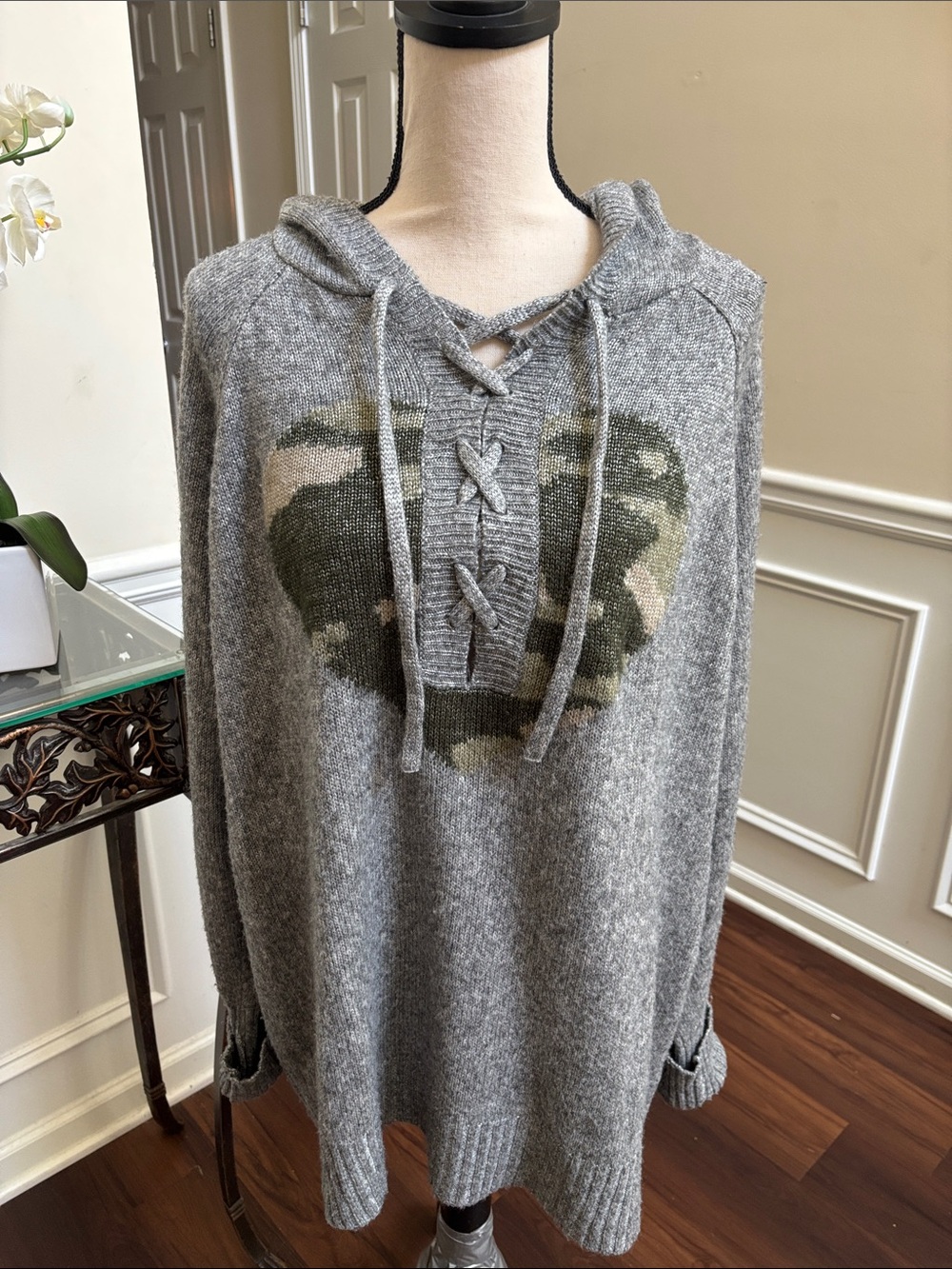 torrid Gray Hooded Lace-Up Sweater with Camo Heart size 2
